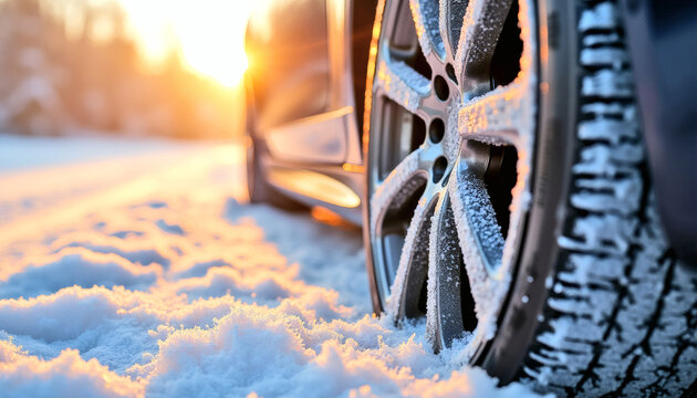 Frost-Covered Car Wheel in Snow &ndash; Winter Sunrise Backlight, Glowing Ice Crystals, Luxury Automotive Detail, Cold Weather Aesthetic