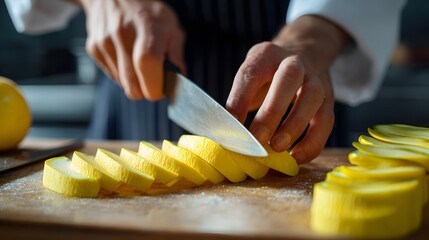 Over-the-shoulder view of a chef perfectly slicing foods