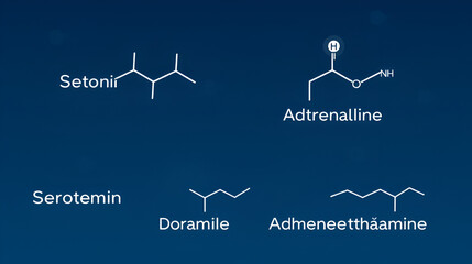 Serotonin, Dopamine, Adrenaline, and Phenethylamine Chemical Structures illustration. Neurotransmitter molecular formula vector.
