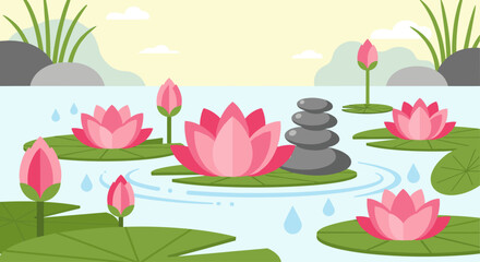 Pink lotus flowers with a stone stack in a pond