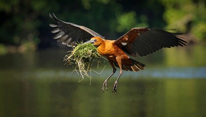 Fototapeta premium Bird in flight with nest material