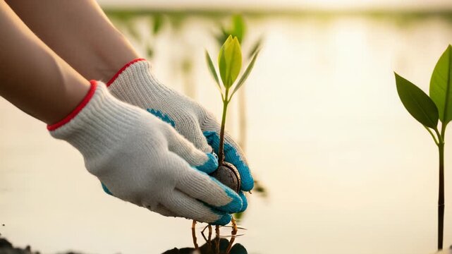 Hands gently planting a mangrove sapling into rich mudflat soil, with water reflecting the sky