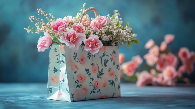 Floral gift bag, spring flowers, textured background, studio shot, Mother's Day
