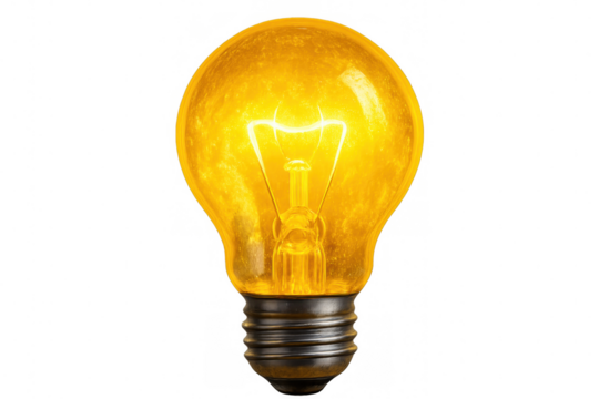 Glowing yellow light bulb isolated on a transparent background, representing ideas, innovation, and solutions