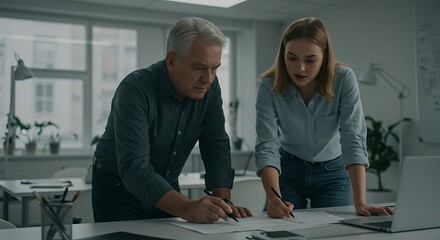 Collaboration in Progress: An older man and a young woman are intently engrossed in reviewing architectural plans together at a bright office, signifying teamwork and shared expertise.