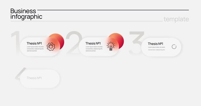 Business process timeline infographics. Moving banner with geometric elements in glassmorphism style, orange circles and text template for business presentation. Realistic 3D animated graphics