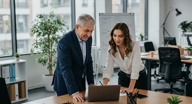 Collaboration in the Office: Two professionals, engrossed in a collaborative discussion at a table, are working diligently with laptop and documents within a contemporary office environment.