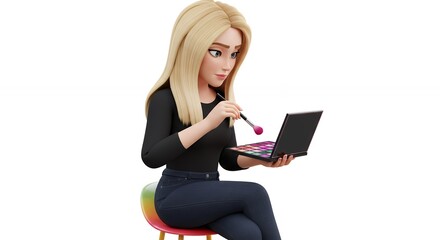 Naklejka premium Cartoon woman applying makeup with laptop