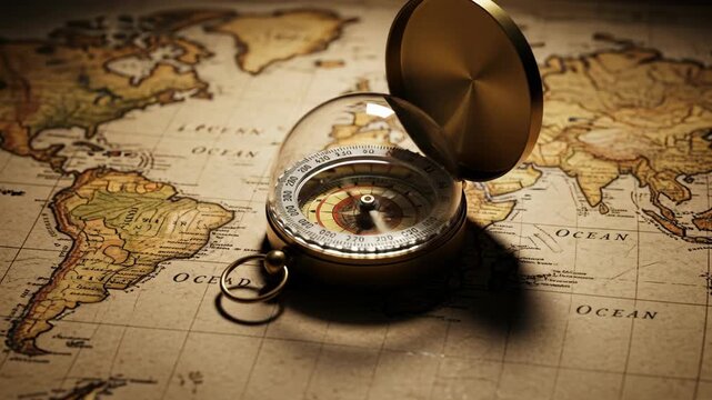 Antique vintage compass on ancient world map vintage exploration tool historical navigation tool