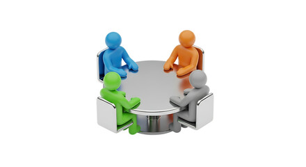 Obraz premium 3d illustration of colorful figures in a business meeting around a round table, isolated on transparent background