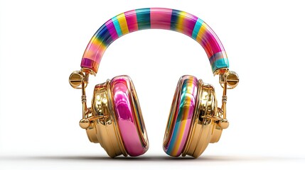 Colorful, vibrant headphones with gold accents, featuring rainbow stripes on the earcups and headband, isolated on white