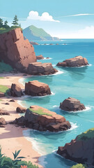 Serene Coastal Landscape with Rocky Shoreline and Turquoise Waters.