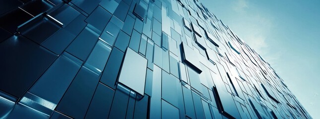Abstract Architectural Detail With Blue Toned Metal Panel Facade Under Bright Sky