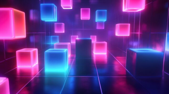 Vibrant neon cubes float in a futuristic, glowing grid environment, creating a dynamic digital atmosphere for tech concepts.