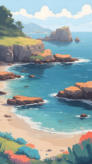 Serene Coastal Landscape with Rocky Shoreline.