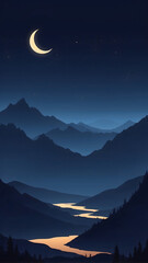 Serene Crescent Moon Over Misty Mountain River 1.