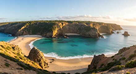 Spectacular Coastal Vista: An expansive, panoramic view of a pristine beach, where turquoise waters meet golden sands, framed by dramatic cliffs and under a bright sun. 