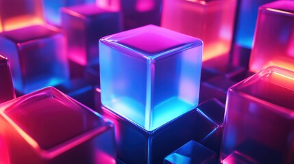 Vibrant neon cubes glow with futuristic energy, creating a dynamic abstract background for tech and design