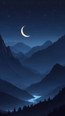 Serene Crescent Moon Over Misty Mountain Valley.