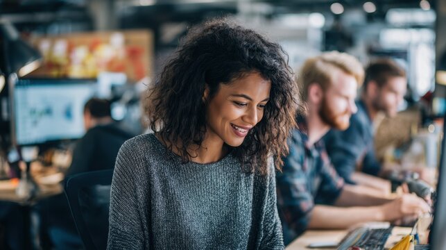 Teamoriented environment featuring a social media manager coordinating schedules and reviewing audience insights via digital tools in a bright contemporary coworking area.