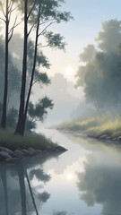Serene Forest River with Misty Morning Sunlight.
