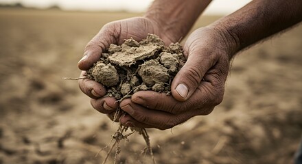 Examining soil quality for agriculture farmer holding dirt in hands field analysis and assessment