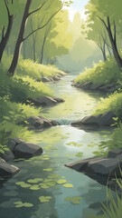 Serene Forest Stream with Lush Greenery and Gentle Waterfall.