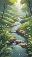 Serene Forest Stream with Lush Greenery and Gentle Waterfalls 2.