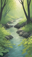 Serene Forest Stream with Lush Greenery and Sunlight.