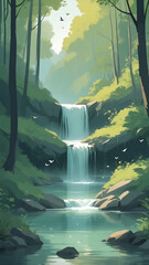 Serene Forest Waterfall with Birds in Flight.