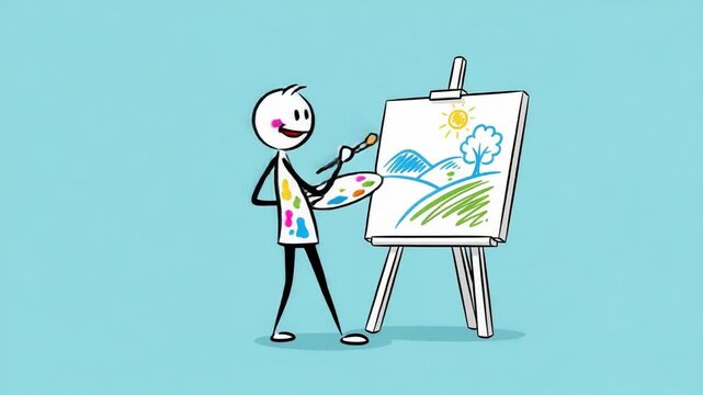 Stick Figure Artist Painting Landscape on Easel