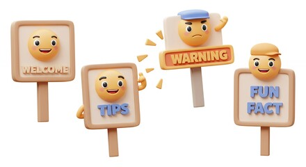 Emoji faces displayed on square signs