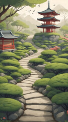 Serene Japanese Garden Pagoda Path.