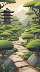 Serene Japanese Garden Path with Pagoda.