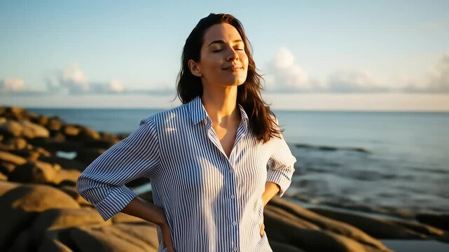 Woman Relaxing on Rocky Coastline at Sunset with Eyes Closed