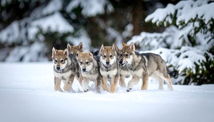Fototapeta premium Four playful puppies in snowy forest