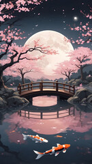 Serene Japanese Garden with Koi and Cherry Blossoms Under Full Moon 1.
