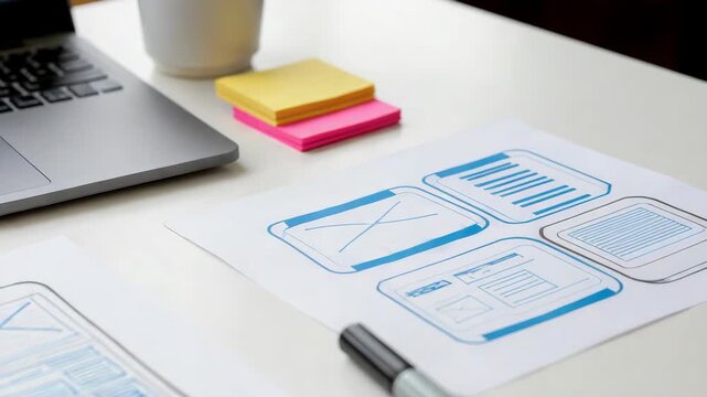 Sketched mobile app interface layout on paper, desk setup