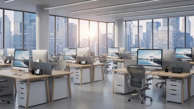 Modern office space with city view, empty workstations and natural light pouring in, conducive