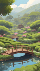Serene Japanese Garden with Pagoda and Bridges.