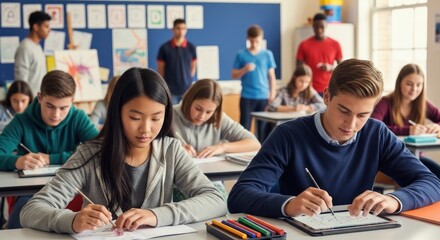 Students Studying Together in Classroom, Diverse Group of Teenagers Learning, Writing