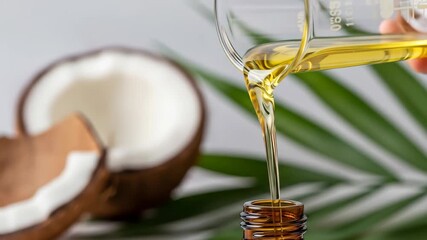 Coconut oil extraction process closeup pouring oil into bottle natural food products healthy ingredient kitchen setting food preparation pouring liquid tropical fruit healthy lifestyle - Powered by Adobe