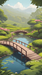 Serene Japanese Garden with Wooden Bridges and Water.
