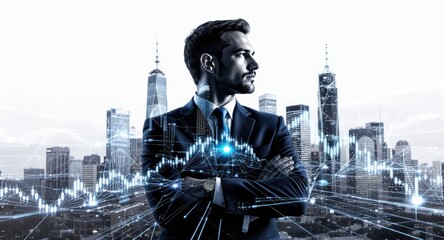Confident Businessman Gazing Over Futuristic Cityscape with Digital Data Overlays