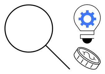 Magnifying glass highlights search insight, light bulb with gear symbolizes innovation and ideas, coin hints at financial value. Ideal for business, strategy, research, insights, problem-solving