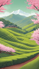 Serene Japanese Tea Fields with Cherry Blossoms and Mountains.