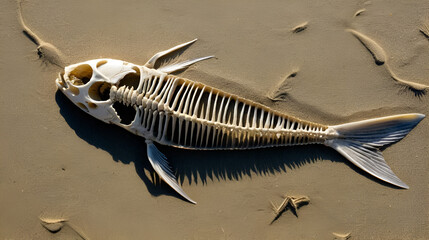 A dead fish lies on the sand of a beach in Bethells Beach, Auckland, New Zealand. The fish is decaying, its skeleton exposed, highlighting the cycle of life and death in nature.