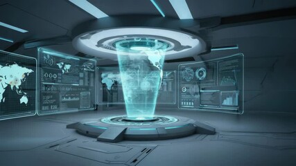 Futuristic technology hub with holographic world map and digital interfaces displaying data analytics - Powered by Adobe