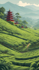 Serene Japanese Tea Plantation with Pagoda Architecture.