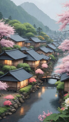 Serene Japanese Village with Cherry Blossoms in Rain.